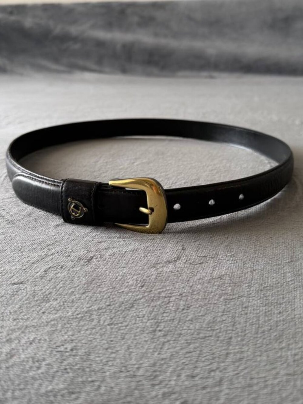 Etienne Aigner Black Leather Belt Size L Gold Horseshoe Buckle Logo Hardware